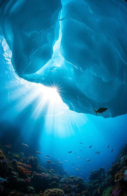 A stunning underwater scene beneath an enormous iceberg, depicting colorful marine life swimming gracefully