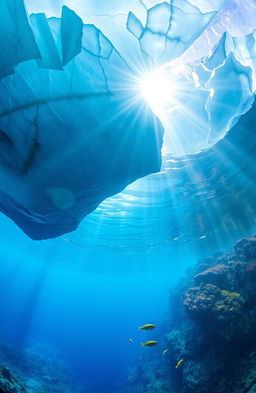 A stunning underwater scene beneath an enormous iceberg, depicting colorful marine life swimming gracefully