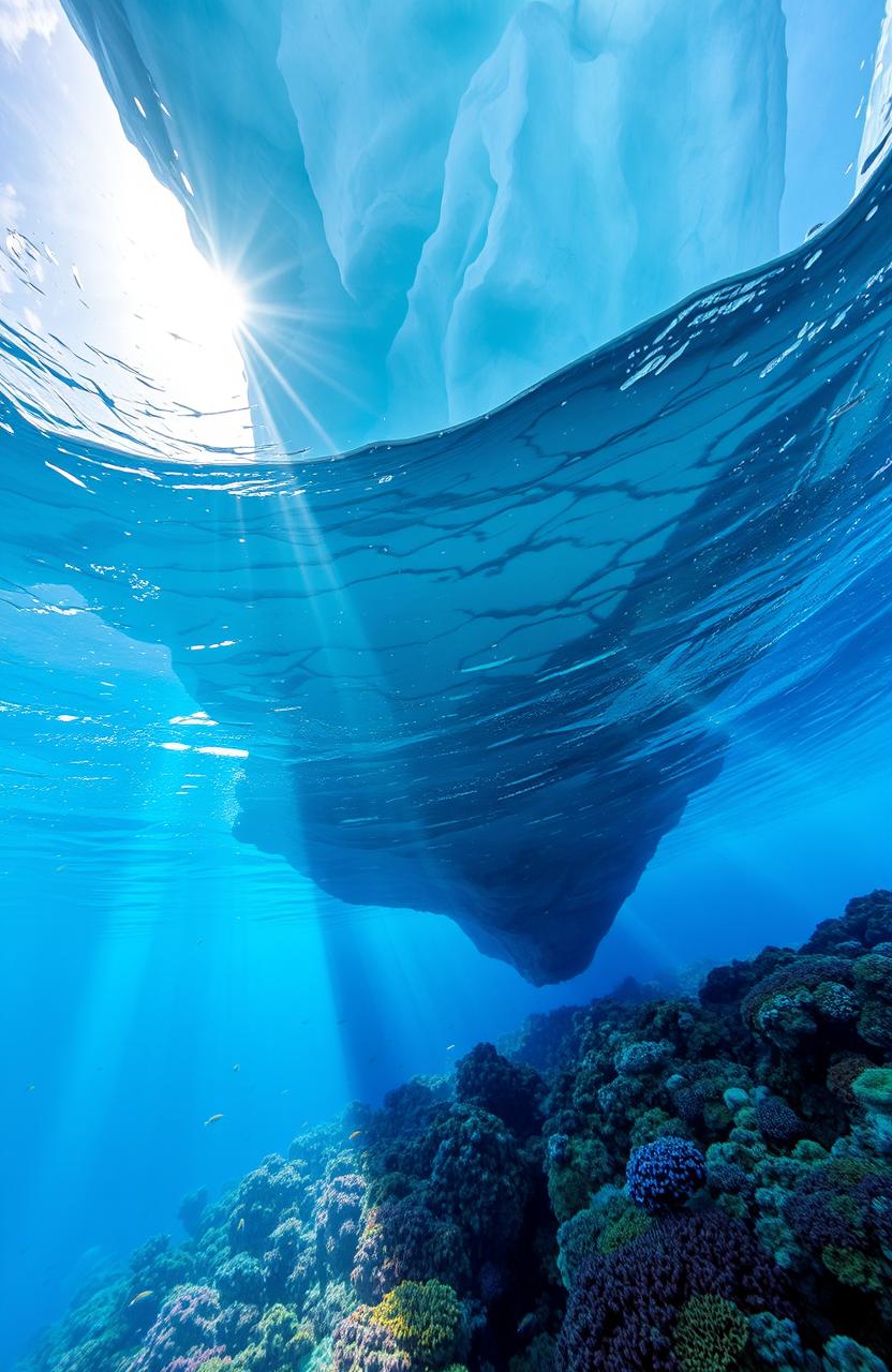 A stunning underwater scene beneath an enormous iceberg, depicting colorful marine life swimming gracefully