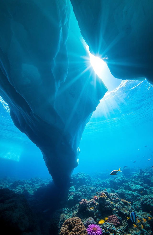 A stunning underwater scene beneath an enormous iceberg, depicting colorful marine life swimming gracefully