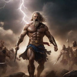 Zeus, god of the sky, alongside his cavalry in full charge thundering towards the ancient Roman countryside where Kratos stands, causing a dynamic confrontation. Lightning crackling, dust billowing, and villagers scattering in their path.