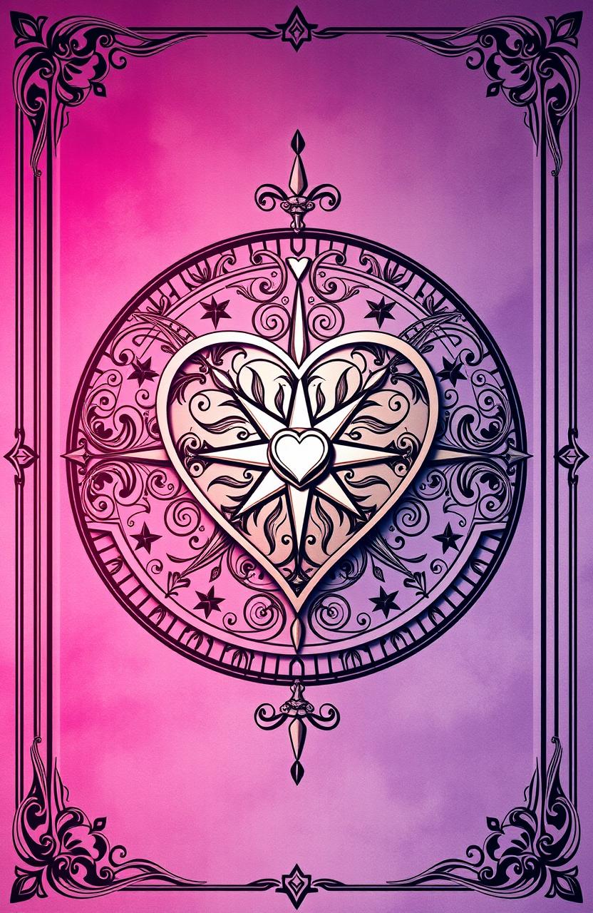 An intricately designed hearts compass, featuring a heart-shaped compass rose at the center, surrounded by ornate swirls and floral patterns