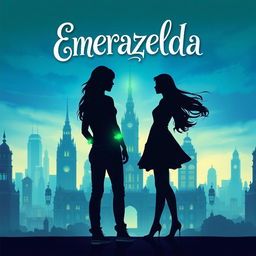 A captivating fantasy book cover for 'Emerazelda', featuring the silhouette of two friends standing apart in front of a stunning cityscape illuminated with enchanting blue and green hues
