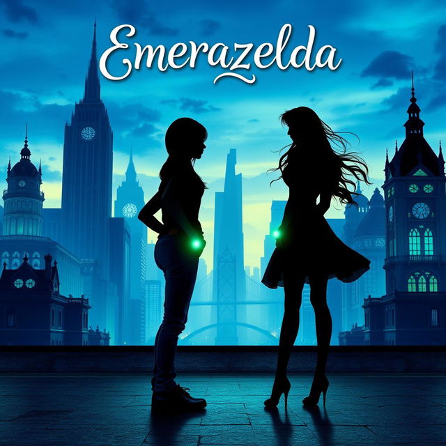 A captivating fantasy book cover for 'Emerazelda', featuring the silhouette of two friends standing apart in front of a stunning cityscape illuminated with enchanting blue and green hues