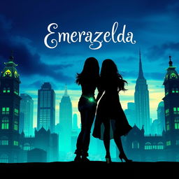 A captivating fantasy book cover for 'Emerazelda', featuring the silhouette of two friends standing apart in front of a stunning cityscape illuminated with enchanting blue and green hues