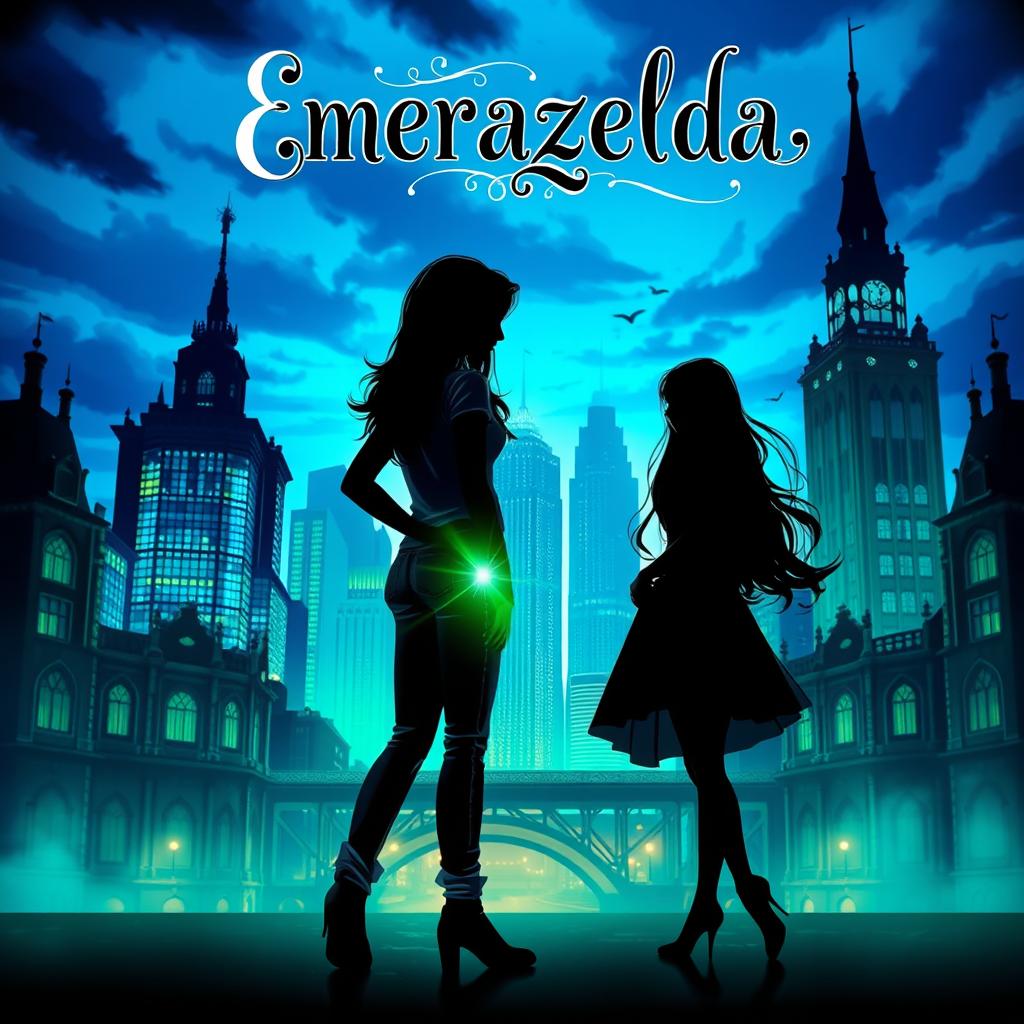 A captivating fantasy book cover for 'Emerazelda', featuring the silhouette of two friends standing apart in front of a stunning cityscape illuminated with enchanting blue and green hues