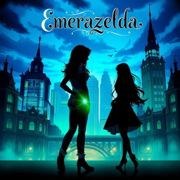 A captivating fantasy book cover for 'Emerazelda', featuring the silhouette of two friends standing apart in front of a stunning cityscape illuminated with enchanting blue and green hues