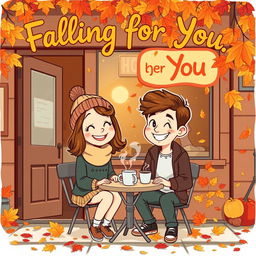 A whimsical vintage-style cartoon depicting a delightful autumn scene outside a charming coffee shop