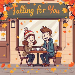 A whimsical vintage-style cartoon depicting a delightful autumn scene outside a charming coffee shop