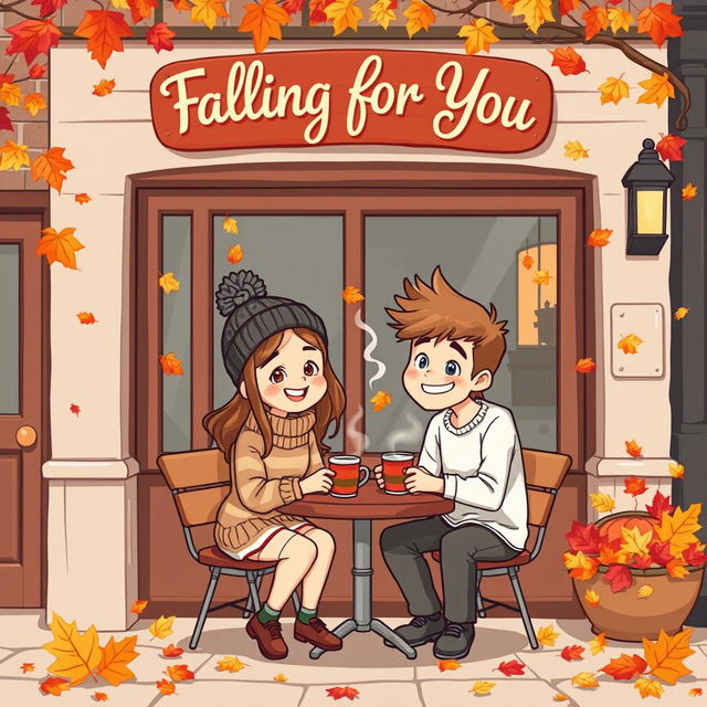 A whimsical vintage-style cartoon depicting a delightful autumn scene outside a charming coffee shop