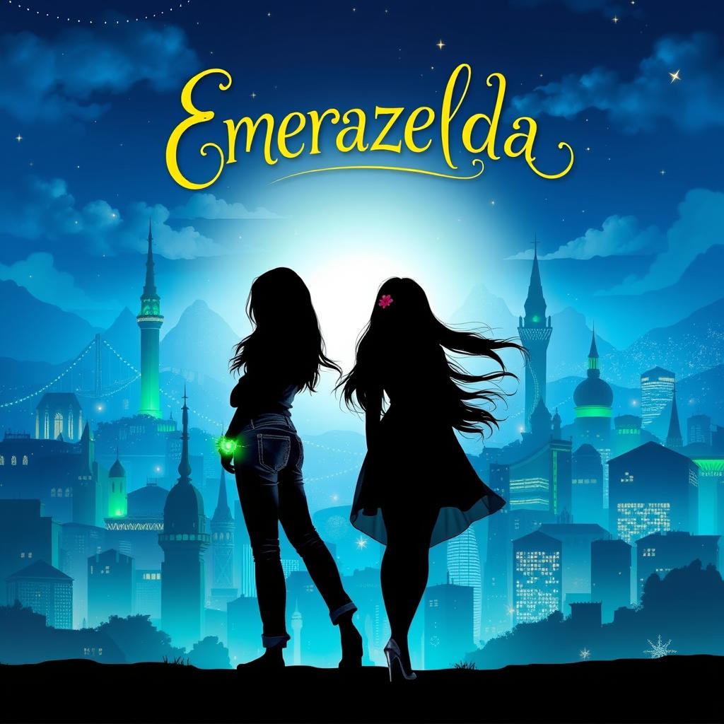 A captivating fantasy book cover for 'Emerazelda', featuring the silhouette of two friends standing apart and facing forward in front of a stunning cityscape beautifully illuminated with blue and green hues