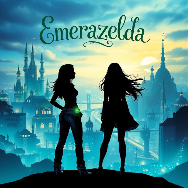 A captivating fantasy book cover for 'Emerazelda', featuring the silhouette of two friends standing apart and facing forward in front of a stunning cityscape beautifully illuminated with blue and green hues