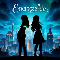 A captivating fantasy book cover for 'Emerazelda', featuring the silhouette of two friends standing apart and facing forward in front of a stunning cityscape beautifully illuminated with blue and green hues