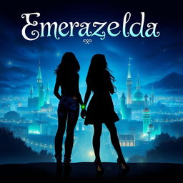 A captivating fantasy book cover for 'Emerazelda', featuring the silhouette of two friends standing apart and facing forward in front of a stunning cityscape beautifully illuminated with blue and green hues