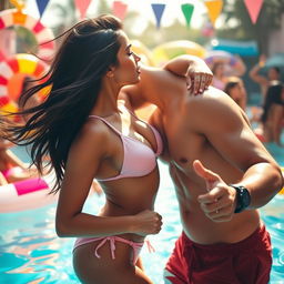 Nushrath Bharucha, a stunning woman with flowing dark hair, wearing a stylish bikini, dancing sensually at a lively pool party