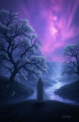 A mystical landscape engulfed in twilight, featuring ethereal wisps of light floating in the air