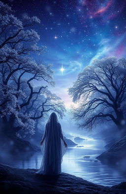 A mystical landscape engulfed in twilight, featuring ethereal wisps of light floating in the air