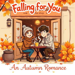 A charming vintage-style cartoon illustrating a delightful autumn scene outside a cozy coffee shop
