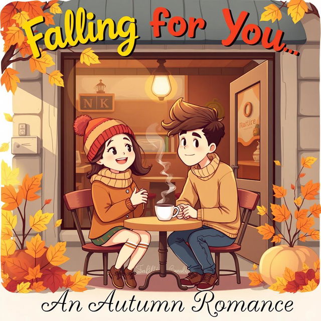 A charming vintage-style cartoon illustrating a delightful autumn scene outside a cozy coffee shop