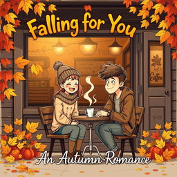 A charming vintage-style cartoon illustrating a delightful autumn scene outside a cozy coffee shop