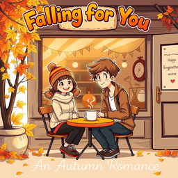 A charming vintage-style cartoon illustrating a delightful autumn scene outside a cozy coffee shop