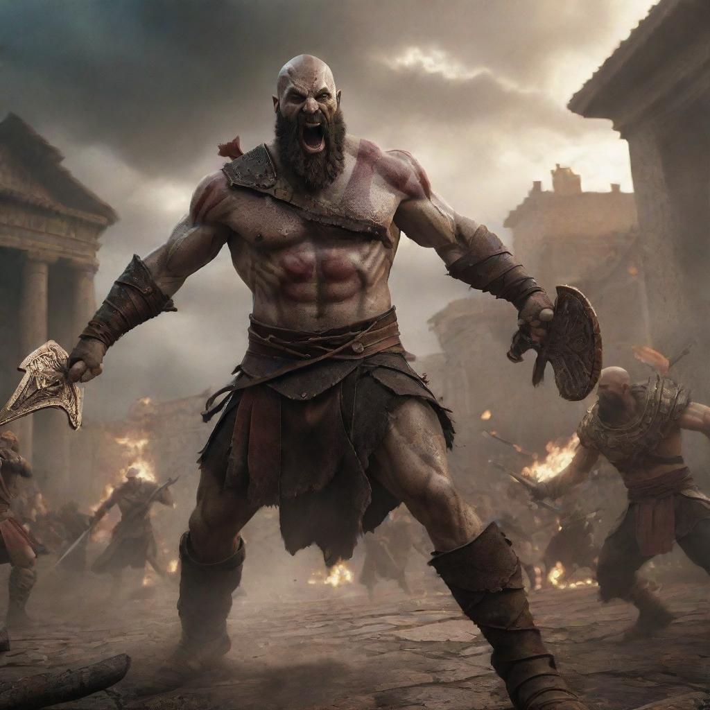 Kratos in action, throwing his powerful sword at Zeus who is charging with his cavalry. The scene is dynamic, filled with tension and drama, set in the backdrop of an ancient Roman village.