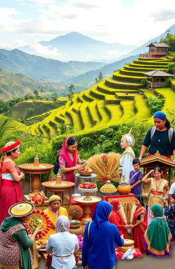 A visually engaging collage depicting the rich symbolism and tradition present in Lombok's rituals, showcasing vibrant and colorful cultural elements such as traditional costumes, ceremonial offerings, and sacred sites