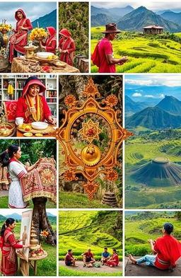 A visually engaging collage depicting the rich symbolism and tradition present in Lombok's rituals, showcasing vibrant and colorful cultural elements such as traditional costumes, ceremonial offerings, and sacred sites