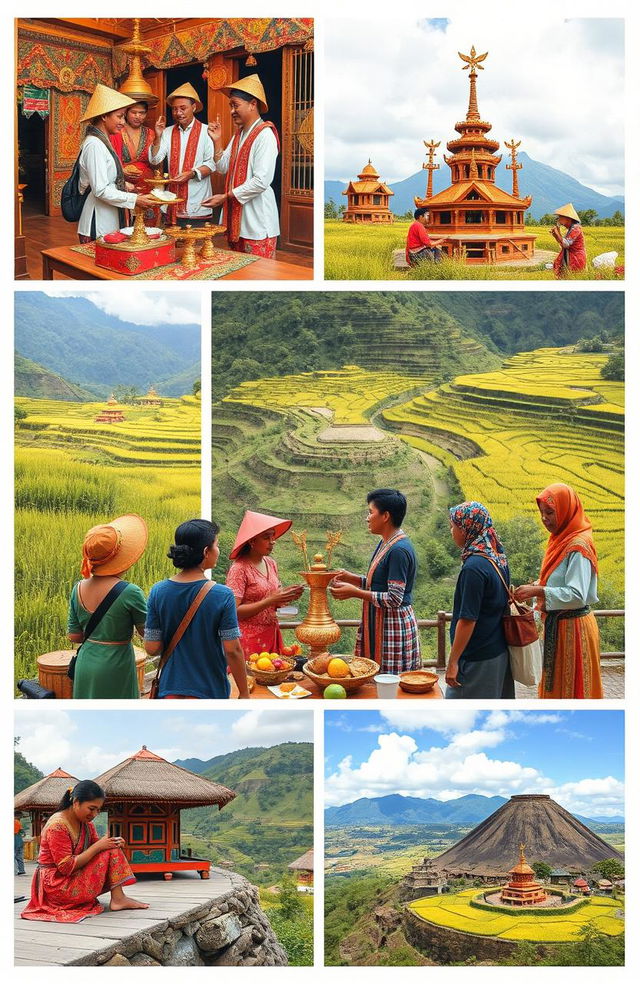 A visually engaging collage depicting the rich symbolism and tradition present in Lombok's rituals, showcasing vibrant and colorful cultural elements such as traditional costumes, ceremonial offerings, and sacred sites