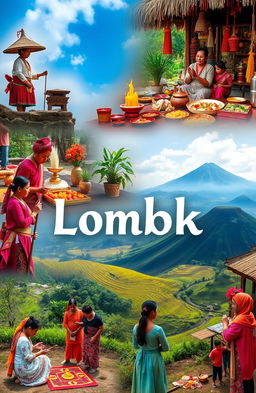 A visually engaging collage depicting the rich symbolism and tradition present in Lombok's rituals, showcasing vibrant and colorful cultural elements such as traditional costumes, ceremonial offerings, and sacred sites