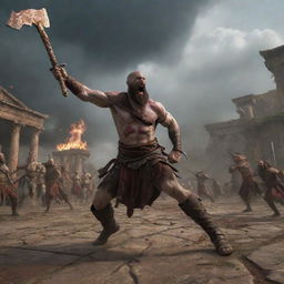 Kratos in action, throwing his powerful sword at Zeus who is charging with his cavalry. The scene is dynamic, filled with tension and drama, set in the backdrop of an ancient Roman village.