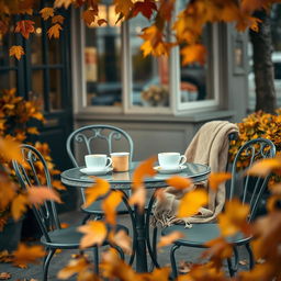 A cozy coffee shop scene set outdoors in autumn, featuring vintage-style tables and chairs