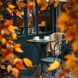 A cozy coffee shop scene set outdoors in autumn, featuring vintage-style tables and chairs