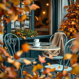 A cozy coffee shop scene set outdoors in autumn, featuring vintage-style tables and chairs