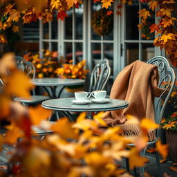 A cozy coffee shop scene set outdoors in autumn, featuring vintage-style tables and chairs