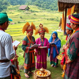 A vibrant scene depicting the rich symbolism and tradition of Lombok's rituals, showcasing local people engaged in a colorful festival