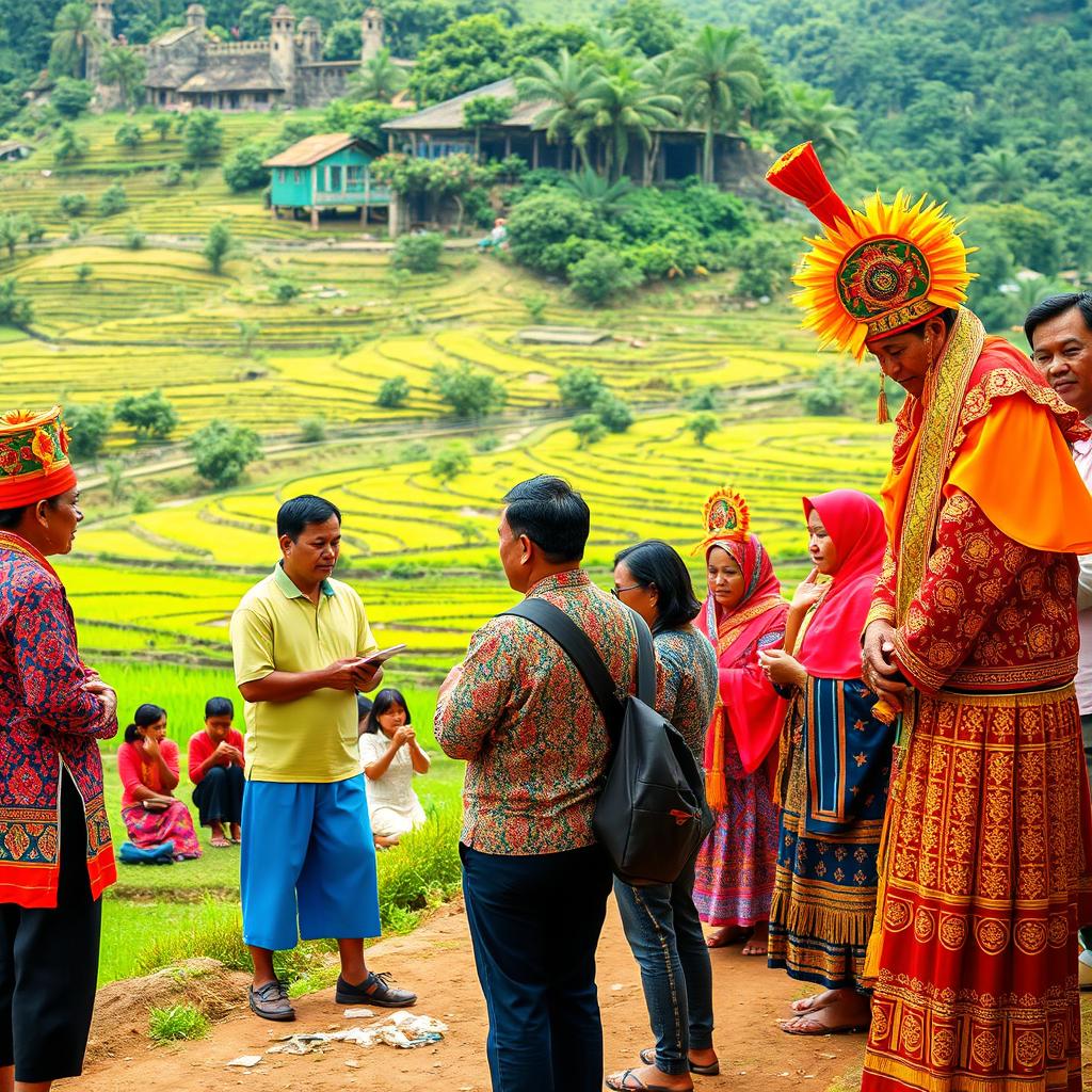 A vibrant scene depicting the rich symbolism and tradition of Lombok's rituals, showcasing local people engaged in a colorful festival