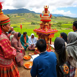 A vibrant scene depicting the rich symbolism and tradition of Lombok's rituals, showcasing local people engaged in a colorful festival