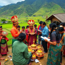 A vibrant scene depicting the rich symbolism and tradition of Lombok's rituals, showcasing local people engaged in a colorful festival