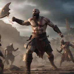 Kratos in action, throwing his powerful sword at Zeus who is charging with his cavalry. The scene is dynamic, filled with tension and drama, set in the backdrop of an ancient Roman village.