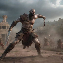 Kratos in action, throwing his powerful sword at Zeus who is charging with his cavalry. The scene is dynamic, filled with tension and drama, set in the backdrop of an ancient Roman village.