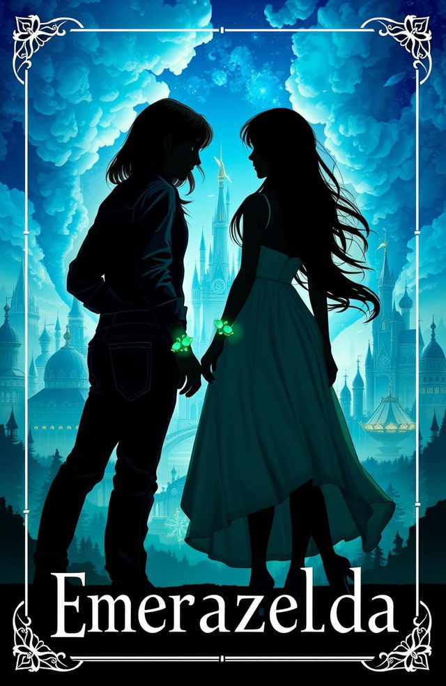 A captivating fantasy book cover titled 'Emerazelda', featuring the silhouette of two friends standing apart and facing the front of a stunning cityscape