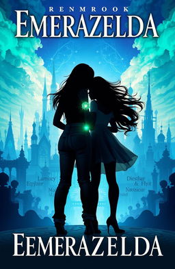 A captivating fantasy book cover titled 'Emerazelda', featuring the silhouette of two friends standing apart and facing the front of a stunning cityscape