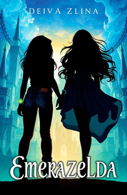 A captivating fantasy book cover titled 'Emerazelda', featuring the silhouette of two friends standing apart and facing the front of a stunning cityscape