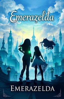 A captivating fantasy book cover titled 'Emerazelda', featuring the silhouette of two friends standing apart and facing the front of a stunning cityscape