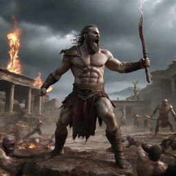 Zeus, filled with surprise and fear, impaled by Kratos' thrown sword mid-charge. The action freezing the chaotic scene giving a powerful image of Kratos' victory in the backdrop of an ancient Roman village.