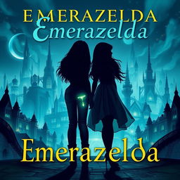 A captivating fantasy book cover titled 'Emerazelda', featuring the silhouette of two friends standing apart, facing the front of a stunning cityscape
