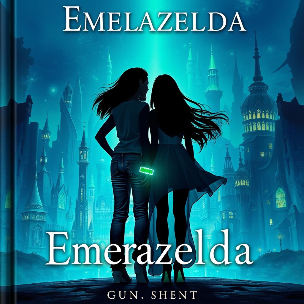 A captivating fantasy book cover titled 'Emerazelda', featuring the silhouette of two friends standing apart, facing the front of a stunning cityscape