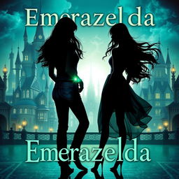 A captivating fantasy book cover titled 'Emerazelda', featuring the silhouette of two friends standing apart, facing the front of a stunning cityscape