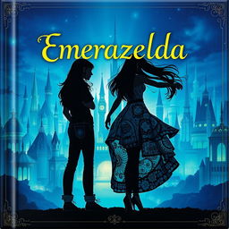 A captivating fantasy book cover titled 'Emerazelda', featuring the silhouette of two friends standing apart, facing the front of a stunning cityscape